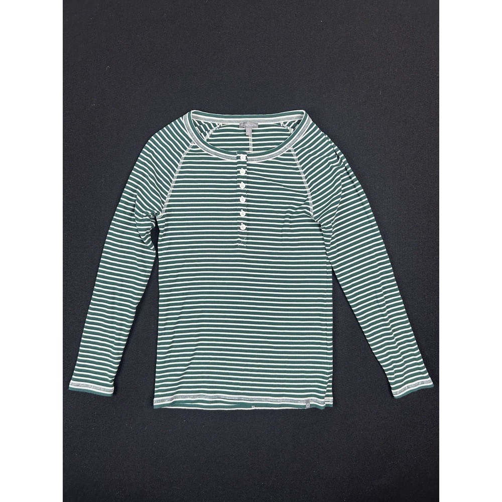 T by Talbots Striped Henley Top Small Green White Long Sleeve Stretch